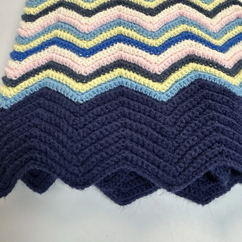 VTG Crocheted ‎ 70's Chevron Afghan Throw Blanket Blue Pink & Yellow 56